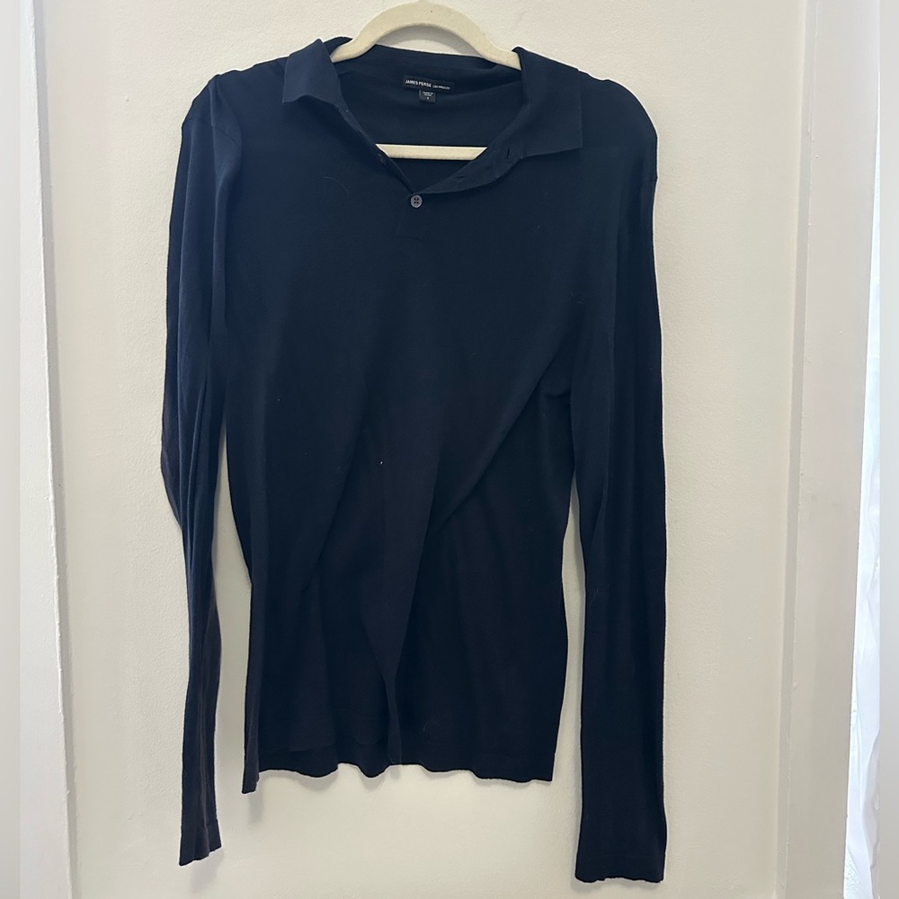 J James Perse Long Sleeve Polo Top in Black – Size 1 (Small)